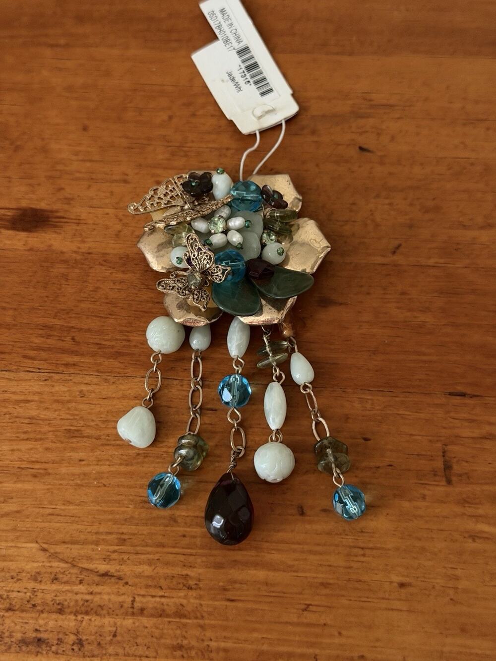 Laila Rowe Hammered Gold Tone Floral Brooch Blue Orange Bead Dangle Artisan